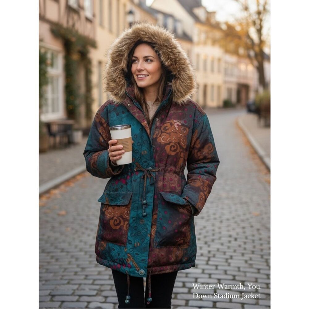 Bernardo Stadium Jacket Down/Feather Filled Fur Collar Women’s Sz Med VTG 90s